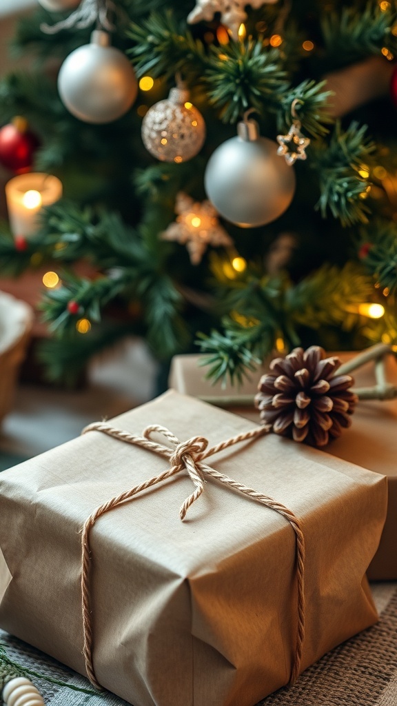 DIY Christmas Gift Wrapping Ideas A Christmas gift wrapped in kraft paper with twine and a pinecone under a decorated tree.